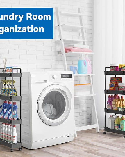 2 Pack 4 Tier Slim Storage Cart, Bathroom Organizer Laundry Room Organization Mobile Shelving Unit Slide Out Utility Rolling Rack with Wheels for Kitchen Garage Office Small Apartment Narrow Space - LeafyLoom
