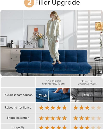 Velvet Convertible Futon Sofa Bed, 71" Comfy Loveseat Sleeper Sofa with Adjustable Backrest Armrest, Strengthen Wood, 7" Thick Padded Cushion, Small 2 Seater Couch for Living Room, Bedroom - LeafyLoom