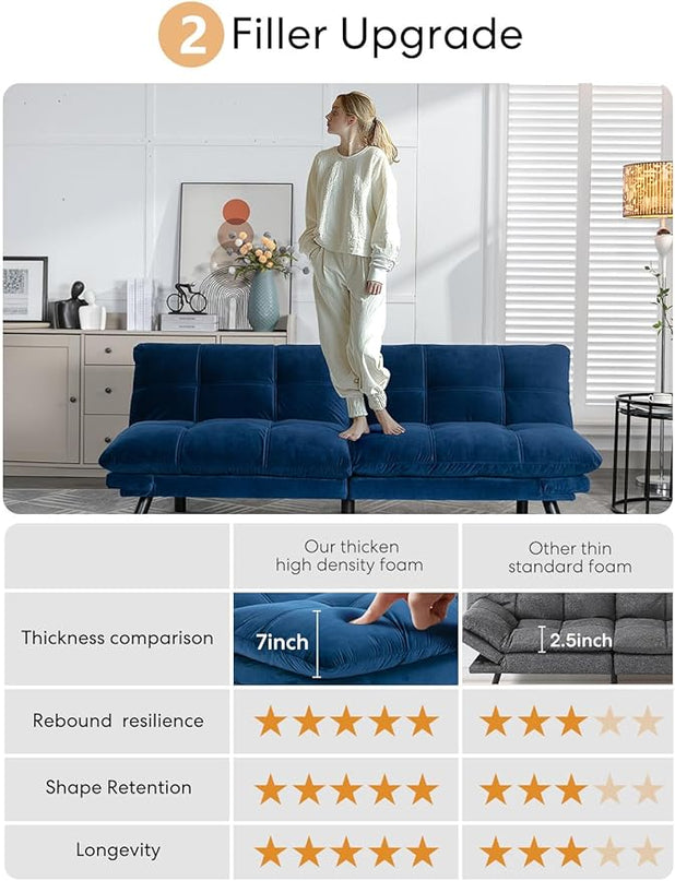 Velvet Convertible Futon Sofa Bed, 71" Comfy Loveseat Sleeper Sofa with Adjustable Backrest Armrest, Strengthen Wood, 7" Thick Padded Cushion, Small 2 Seater Couch for Living Room, Bedroom - LeafyLoom