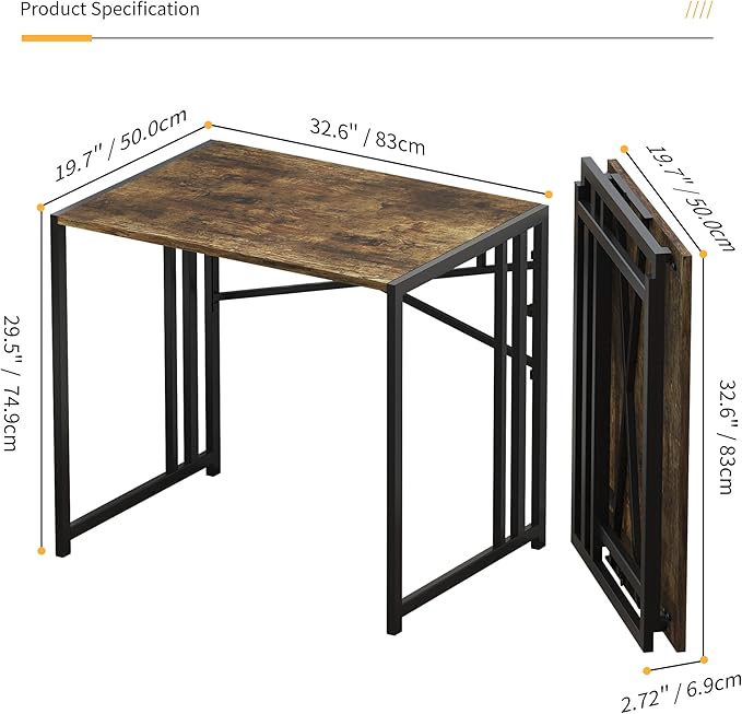 32 inch Small Folding Computer Desk, Writing Gaming Computer Desk for Small Spaces, No Assembly Required Home Office Desk, Rustic Brown - LeafyLoom