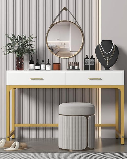 WESTREE Women Makeup Vanity Desk with 2 Drawers - Bedroom Home Office Desk, Wooden Height Monitor Stand & Storage Shelf without Mirror, White Table Great Gift for Her - LeafyLoom