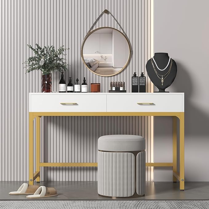 WESTREE Women Makeup Vanity Desk with 2 Drawers - Bedroom Home Office Desk, Wooden Height Monitor Stand & Storage Shelf without Mirror, White Table Great Gift for Her - LeafyLoom