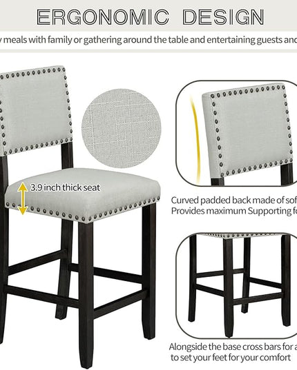 5 Piece Counter Height Dining Set for 4 Person, Include Classic Elegant Solid Wood Table and Four Padded Backrest Chairs, Farmhouse Home Furniture for Kitchen, Living Room, Espresso+Light Gray - LeafyLoom
