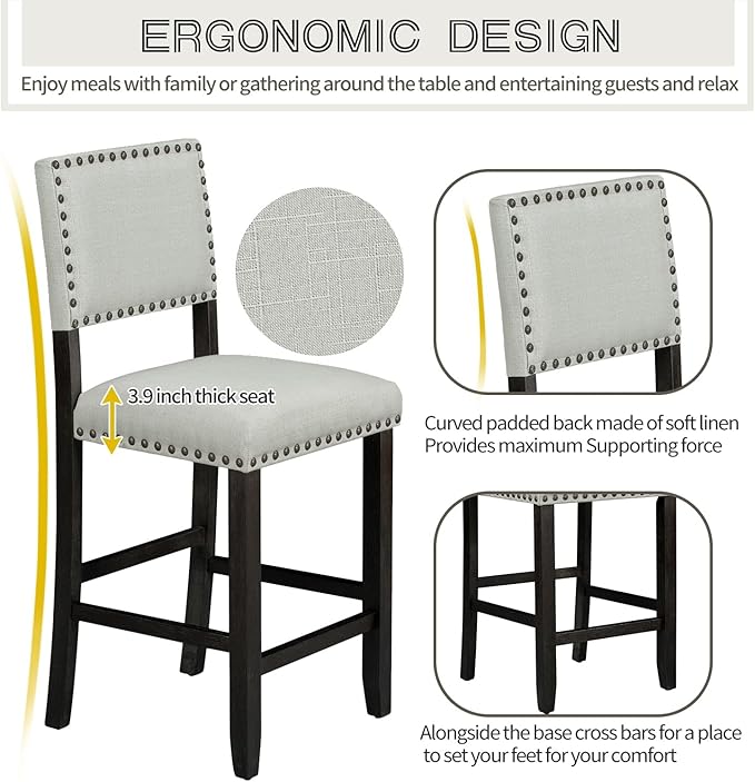 5 Piece Counter Height Dining Set for 4 Person, Include Classic Elegant Solid Wood Table and Four Padded Backrest Chairs, Farmhouse Home Furniture for Kitchen, Living Room, Espresso+Light Gray - LeafyLoom