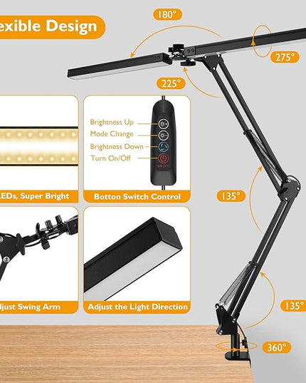 LED Desk Lamp with Clamp, Super Bright Double Head Desk Lamps for Home Office, 5 Color Modes, 10%~100% Dimmable Brightness, Architect Task Desk Light, Modern Swing Arm Workbench Desk Lighting - LeafyLoom
