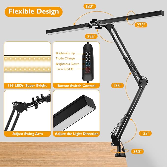 LED Desk Lamp with Clamp, Super Bright Double Head Desk Lamps for Home Office, 5 Color Modes, 10%~100% Dimmable Brightness, Architect Task Desk Light, Modern Swing Arm Workbench Desk Lighting - LeafyLoom