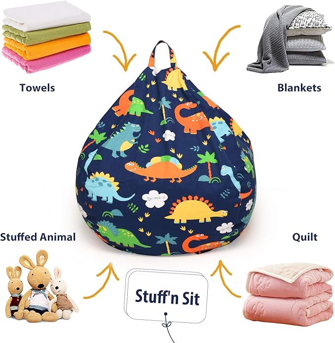 YuppieLife Kids Storage Bean Bag Cover（No Filling）Toy Organizer|Carrying Handle Sofa|Available for Kids and Teenager|Cuddle Chair|Machine Washable and Durable（38“,Dinosaur） - LeafyLoom