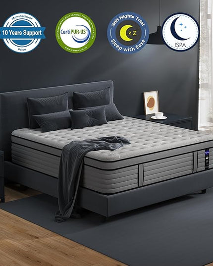 King Size Mattress, 12 Inch Hybrid Mattress with Memory Foam, Medium Firm King Mattress in a Box, Individually Wrapped Pocket Coils Spring for Motion Isolation, Pressure Relief, Edge Support - LeafyLoom