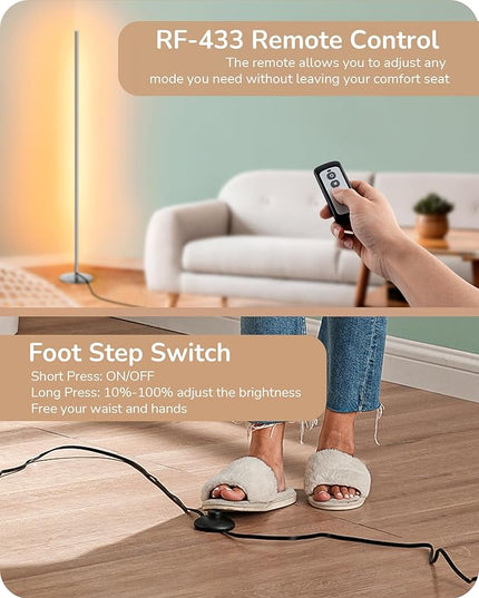 EDISHINE LED Corner Floor Lamp with Remote, 57.5" Minimalist Dimmable Slim Light Pole, Standing Tall Mood Lamp for Living Room, Bedroom, Office, 3000K Warm White Light (Silver) - LeafyLoom