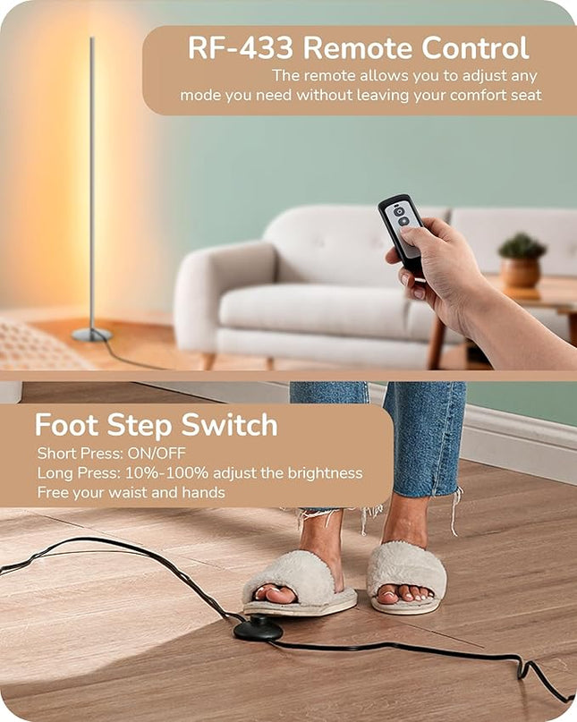 EDISHINE LED Corner Floor Lamp with Remote, 57.5" Minimalist Dimmable Slim Light Pole, Standing Tall Mood Lamp for Living Room, Bedroom, Office, 3000K Warm White Light (Silver) - LeafyLoom