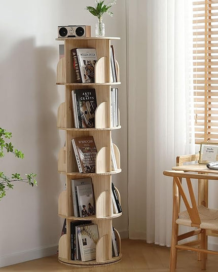Rotating Bookshelf Tower, 5 Tier 360 Display Spinning Bookshelf, Solid Wood Narrow Book Shelf Organizer for Kid Adult, Corner Floor Standing Bookcase for Bedroom, Living Room, Study Room, Small Space - LeafyLoom