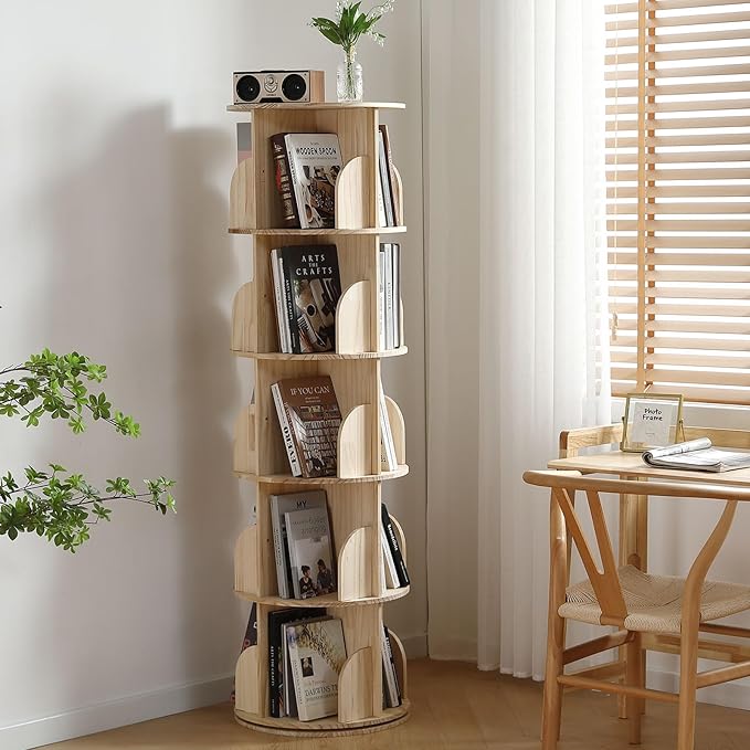 Rotating Bookshelf Tower, 5 Tier 360 Display Spinning Bookshelf, Solid Wood Narrow Book Shelf Organizer for Kid Adult, Corner Floor Standing Bookcase for Bedroom, Living Room, Study Room, Small Space - LeafyLoom