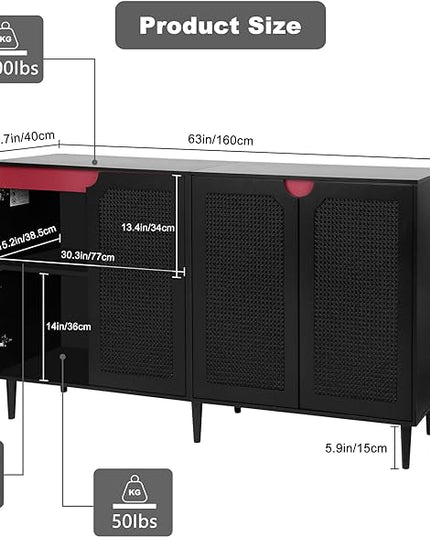 Anmytek Rattan Sideboard Buffet Cabinet with 4 Doors, Large Kitchen Storage Cabinet Black Sideboard with Adjustable Shelf Credenzas for Kitchen Living Room Hallway H0108 - LeafyLoom