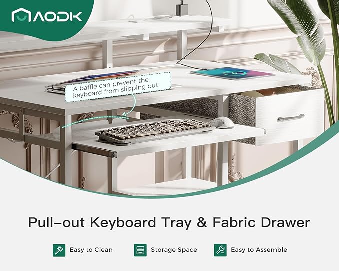 AODK Small Computer Desk with Keyboard Tray, 40 Inch Office Desk with Power Outlet, Work Desk with Drawer, Reversible Desk with Adjustable Monitor Shelf and Storage Shelf for Home, White - LeafyLoom