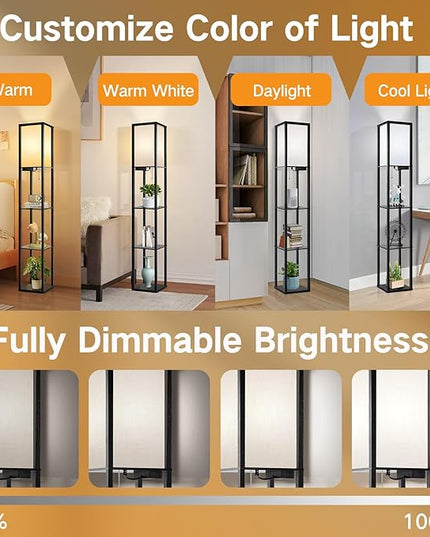 OUTON Floor Lamp with Shelves, LED Dimmable Floor Lamp with Remote & App & Voice Control, Charging Station, Color Changing, Wood Column Tall Standing Lamp for Living Room, Bedroom Office - LeafyLoom