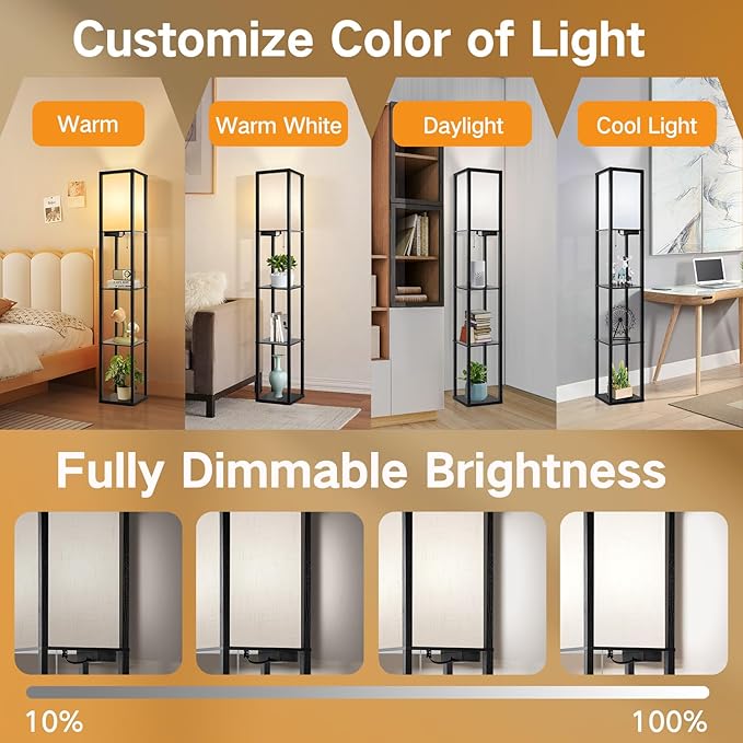 OUTON Floor Lamp with Shelves, LED Dimmable Floor Lamp with Remote & App & Voice Control, Charging Station, Color Changing, Wood Column Tall Standing Lamp for Living Room, Bedroom Office - LeafyLoom