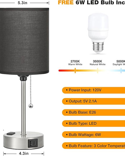 Dicoool Black Table Lamp for Bedroom - 3 Color Temperature Bedside Lamp with USB C and A Ports, Pull Chain Lamp for Bedroom with AC Outlet, Nightstand Lamp with Silver Metal Base for Kids Boys - LeafyLoom