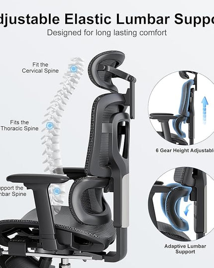 Ergonomic Office Chair, Adaptive Lumbar Support, SGS Class 4 Gas Clylinder 400 LBS Capacity，3D Headrest & Armrest and Retractable Footrest, Mesh Breathable Desk Computer Gaming Chair - LeafyLoom