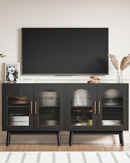 Set of 2 Sideboard Buffet Cabinet, Accent Kitchen Storage Cabinet with Glass Doors, Modern Console Table TV Stand with Adjustable Shelves for Living Room, Dining Room, Black - LeafyLoom