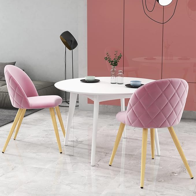 Accent Living Room Chairs - Pink Velvet Dining Chairs Set of 2, Vanity Armless Chair for Makeup Room, Bedrooms, Kitchen, Upholstered Side Chairs with Wooden-Like Legs - LeafyLoom