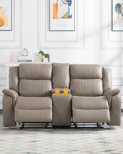 72" PU Manual Reclining Loveseat Sofa with 2 Cup Holder and Storage,Multifunction Upholstered Couch W/Adjustable Backrest & Footboards,Smart Furniture for Living Room Bedroom Apartment,Grey - LeafyLoom