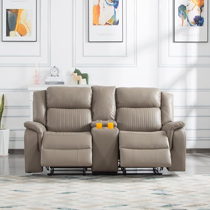 72" PU Manual Reclining Loveseat Sofa with 2 Cup Holder and Storage,Multifunction Upholstered Couch W/Adjustable Backrest & Footboards,Smart Furniture for Living Room Bedroom Apartment,Grey - LeafyLoom