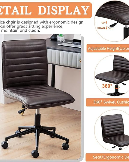 Furniliving Leather Home Office Chair, Armless Vanity Desk Task Chair with Wheels 360° Swivel Computer Rolling Desk Chair with Back, Adjustable Accent Chair with Gold Metal Base Stool - LeafyLoom