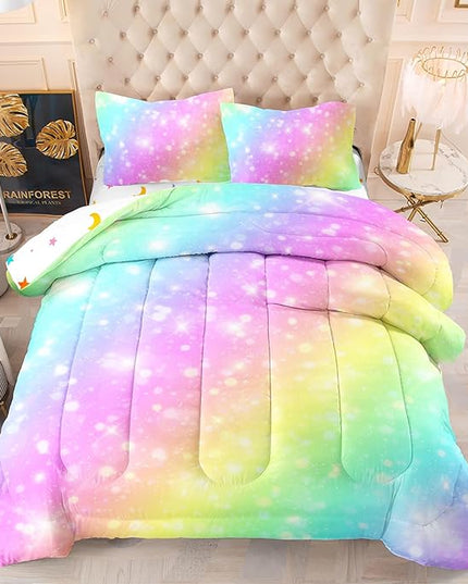 Rainbow Comforter Set 5 pcs Full,Pink Bedding,Bed in A Bag 5 pcs Rainbow Comforter,Kids Princess Comforter Set Full,Rainbow Bedding for Teen Girls Adults - LeafyLoom