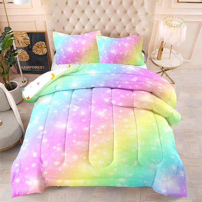Rainbow Comforter Set 5 pcs Full,Pink Bedding,Bed in A Bag 5 pcs Rainbow Comforter,Kids Princess Comforter Set Full,Rainbow Bedding for Teen Girls Adults - LeafyLoom