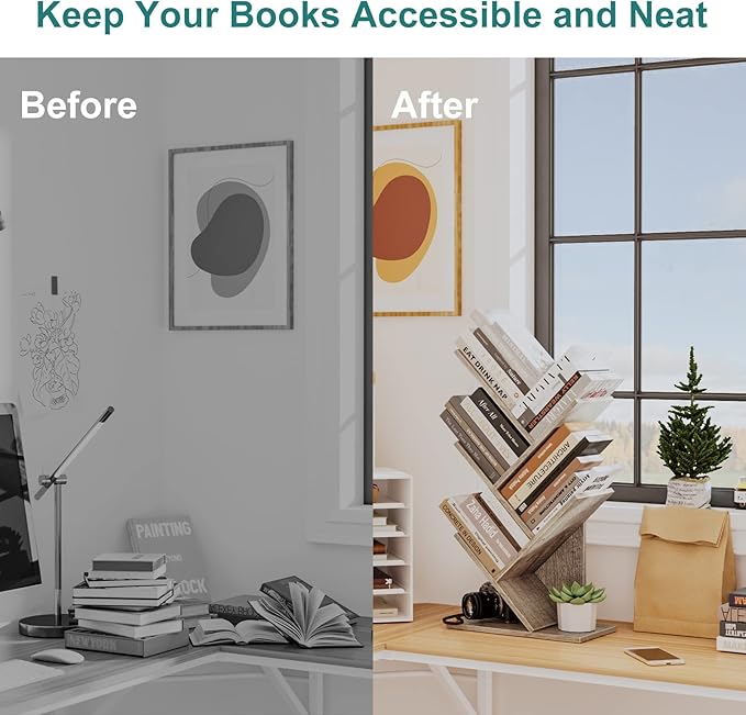 Tree Bookshelf, 5 -Tier Book Storage Organizer Shelves Floor Standing Bookcase, Wood Storage Rack for Office Home School Shelf Display for Cd/Magazine (French Oak Grey) - LeafyLoom
