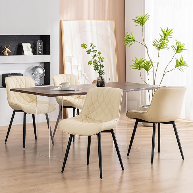YOUNUOKE Dining Chairs Set of 2 Mid Century Modern Kitchen Chair Comfortable Upholstered Faux Leather Dinner Chairs for Kitchen Dining Room, Beige - LeafyLoom