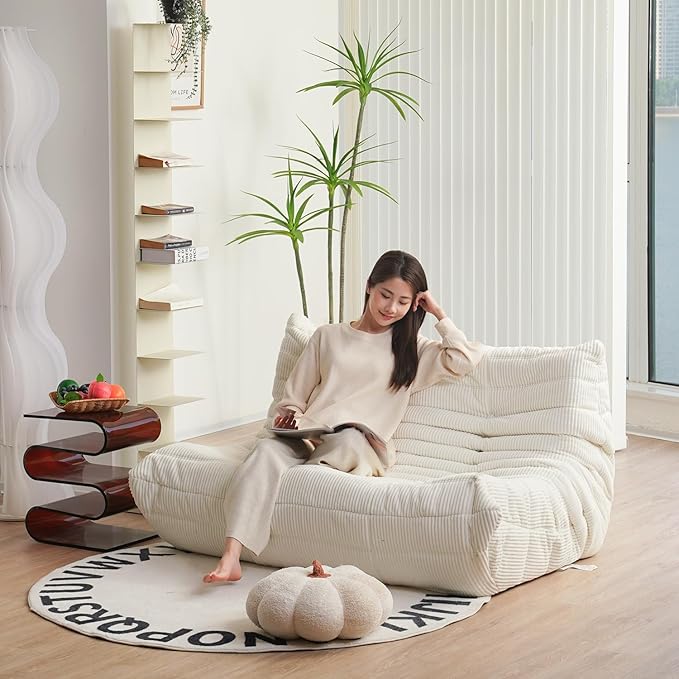 N&V Fireside Loveseat, Mid Century Armless Twin Size Floor Sofa, Soft Premium Corduroy Floor Lounge Chair, Foam Sofa Accent Chair for Living Room Bedroom and Office, Ivory - LeafyLoom