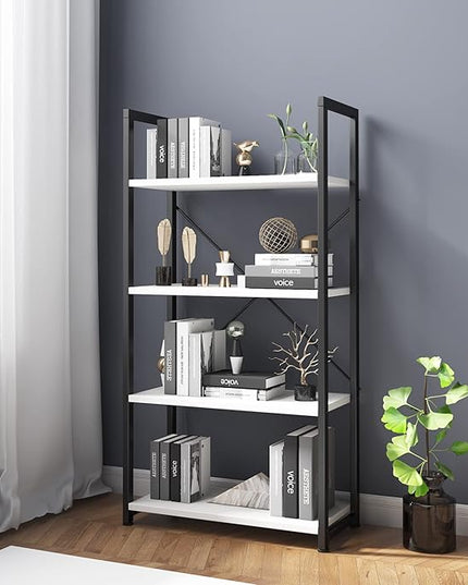 VERMESS Book Shelf White, Tall 4 Tier Bookshelf, Industrial Shelving Unit Wood Bookcase Shelf with Open Shelves, Wide Storage Standing Bookshelves Metal Display Rack for Living Room, Bedroom, Office - LeafyLoom