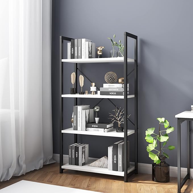 VERMESS Book Shelf White, Tall 4 Tier Bookshelf, Industrial Shelving Unit Wood Bookcase Shelf with Open Shelves, Wide Storage Standing Bookshelves Metal Display Rack for Living Room, Bedroom, Office - LeafyLoom