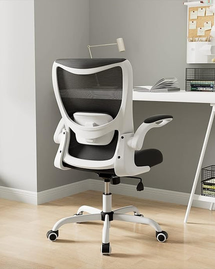 Office Chair, Ergonomic Desk Chair with Adjustable Lumbar Support and Flip up Armrest, Breathable Mesh Computer Chair for Home Office, White - LeafyLoom