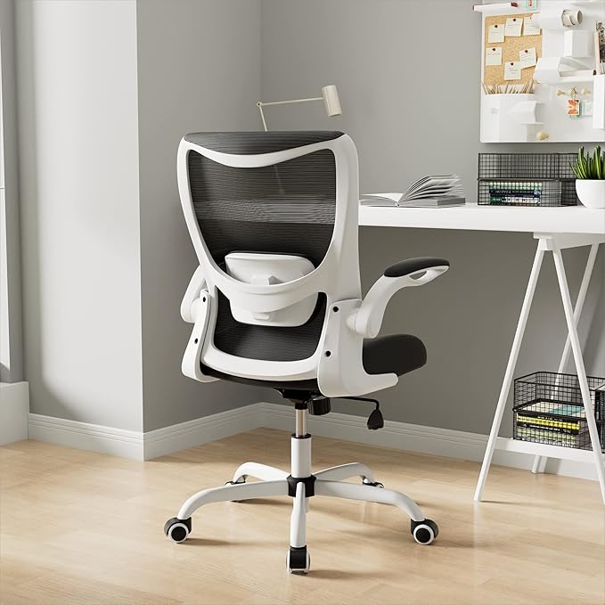 Office Chair, Ergonomic Desk Chair with Adjustable Lumbar Support and Flip up Armrest, Breathable Mesh Computer Chair for Home Office, White - LeafyLoom