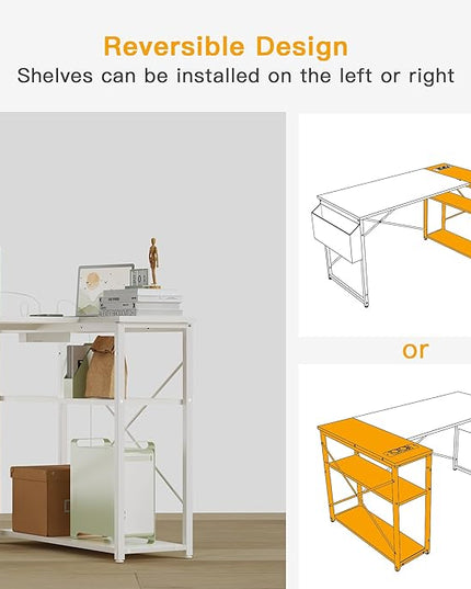 Small Computer Desk with Power Outlets, 40 Inch L Shaped Desk with Reversible Shelves, Gaming Desk Corner Desk Study Writing Desk for Home Office Bedroom Small Space, White - LeafyLoom