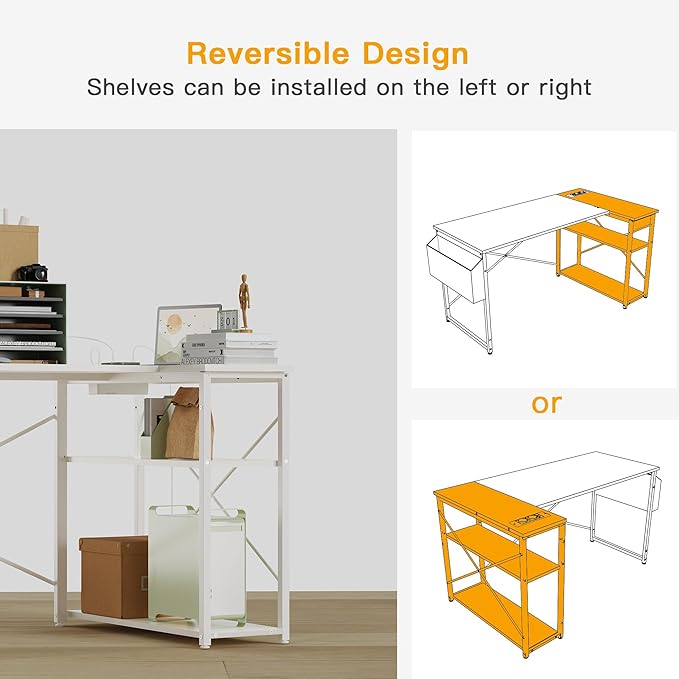 Small Computer Desk with Power Outlets, 40 Inch L Shaped Desk with Reversible Shelves, Gaming Desk Corner Desk Study Writing Desk for Home Office Bedroom Small Space, White - LeafyLoom