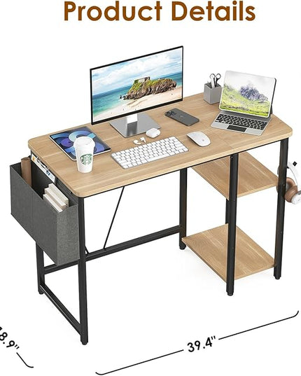 Computer Desk, 39.3” Home Office Desks, Modern Small Desk for Bedroom, Gaming Desk with Iron Hook and Height Adjustable Feet, Sturdy Student Writing Desk with Storage Bag, Storage Shelves - LeafyLoom