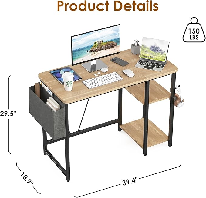Computer Desk, 39.3” Home Office Desks, Modern Small Desk for Bedroom, Gaming Desk with Iron Hook and Height Adjustable Feet, Sturdy Student Writing Desk with Storage Bag, Storage Shelves - LeafyLoom