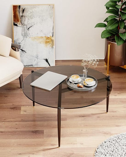 Round Tempered Glass Table: 31.5 inch Large Circle Top Storage Shelf with Metal Frame, Modern Coffee Table Center Desk Luxury Furniture for Living Room, Grey - LeafyLoom