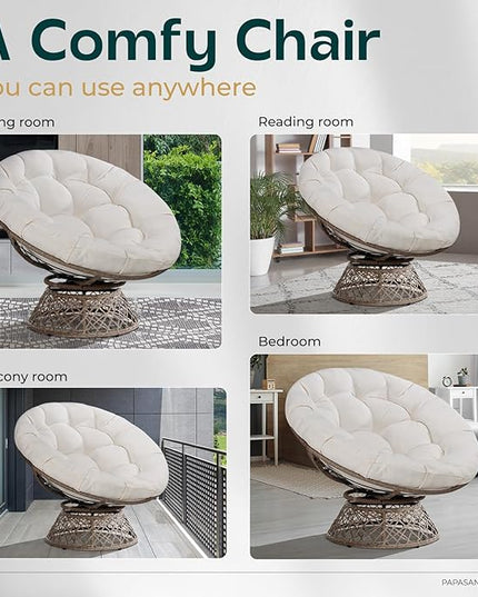 Bme 40" Ergonomic Wicker Papasan Chair with Soft Thick Density Fabric Cushion, High Capacity Steel Frame, 360 Degree Swivel for Living, Bedroom, Reading Room, Lounge - LeafyLoom