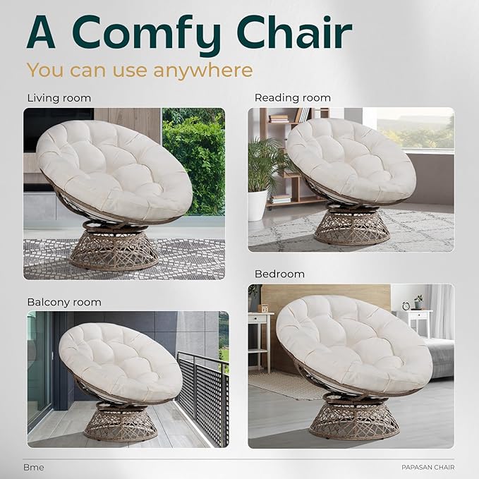 Bme 40" Ergonomic Wicker Papasan Chair with Soft Thick Density Fabric Cushion, High Capacity Steel Frame, 360 Degree Swivel for Living, Bedroom, Reading Room, Lounge - LeafyLoom