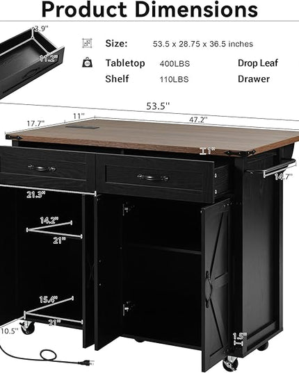 53.5'' Farmhouse Kitchen Island Cart with Power Outlet, Kitchen Island with Storage,Drop Leaf and Spice Rack, Rolling Kitchen Cart on Wheels for Home, Kitchen and Dining Room - LeafyLoom