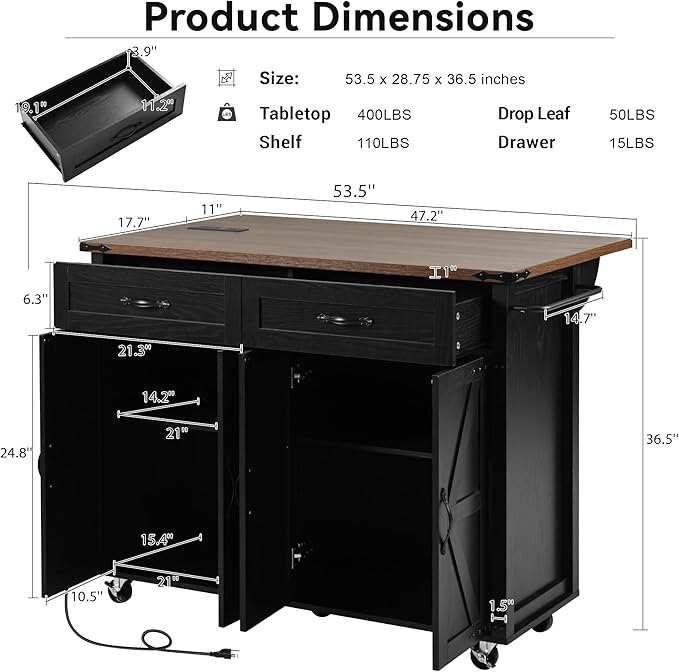 53.5'' Farmhouse Kitchen Island Cart with Power Outlet, Kitchen Island with Storage,Drop Leaf and Spice Rack, Rolling Kitchen Cart on Wheels for Home, Kitchen and Dining Room - LeafyLoom