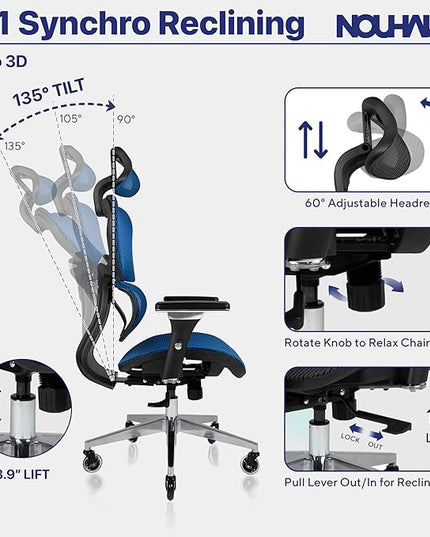 Nouhaus Ergo3D Ergonomic Office Chair Lumbar Support Mesh Office Chair with 4D Adjustable Armrest, Adjustable Headrest and Wheels, Mesh High Back Home Office Desk Chairs(Blue) - LeafyLoom