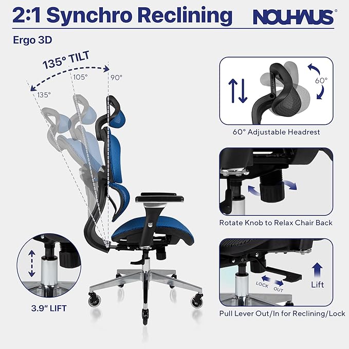 Nouhaus Ergo3D Ergonomic Office Chair Lumbar Support Mesh Office Chair with 4D Adjustable Armrest, Adjustable Headrest and Wheels, Mesh High Back Home Office Desk Chairs(Blue) - LeafyLoom
