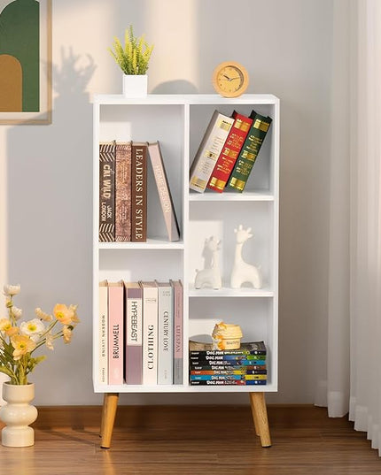 YAHARBO Small White Bookshelf,3 Tier Modern Kids Bookcase with Legs,5 Cube Wooden Bookshelves Storage Shelf,Book Shelves Organizer,Display Bookcases Cabinet for Room Nursery Study - LeafyLoom
