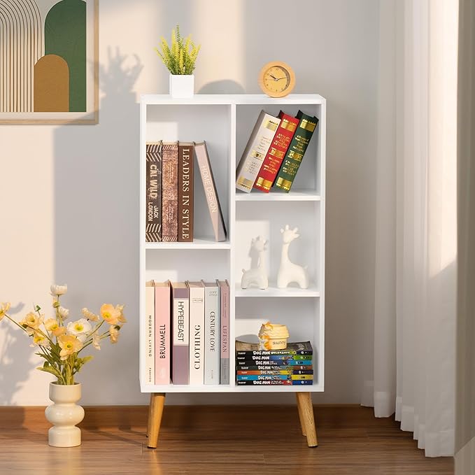 YAHARBO Small White Bookshelf,3 Tier Modern Kids Bookcase with Legs,5 Cube Wooden Bookshelves Storage Shelf,Book Shelves Organizer,Display Bookcases Cabinet for Room Nursery Study - LeafyLoom