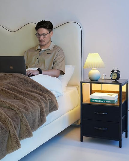 Yoobure Nightstand with Charging Station, LED Night Stand with Fabric Drawers and Storage Shelf for Bedroom, Nightstands Bedside Tables with USB Ports & Outlets, Small Night Stands, Bed Side Table - LeafyLoom